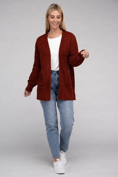 Low Gauge Waffle Open Cardigan Sweater - 1Caribbeanmall