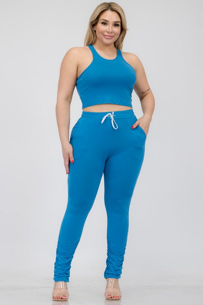 Plus Size Crop Tank Top & Ruched Pants Set