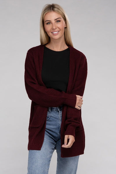 Low Gauge Waffle Open Cardigan Sweater - 1Caribbeanmall