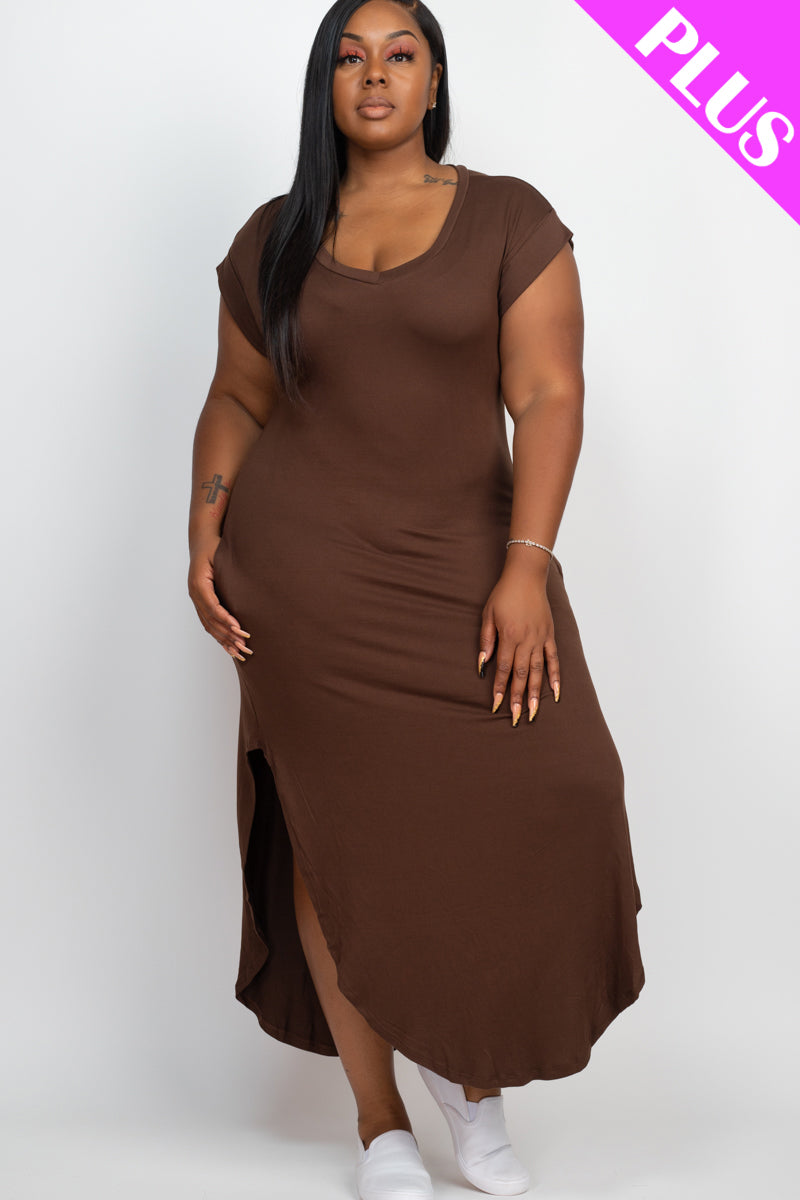 Plus Cap Sleeve V Neck Maxi Dress - 1Caribbeanmall