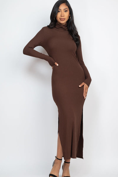 Ribbed Turtle Neck Side Slit Maxi Dress (CAPELLA) - 1Caribbeanmall