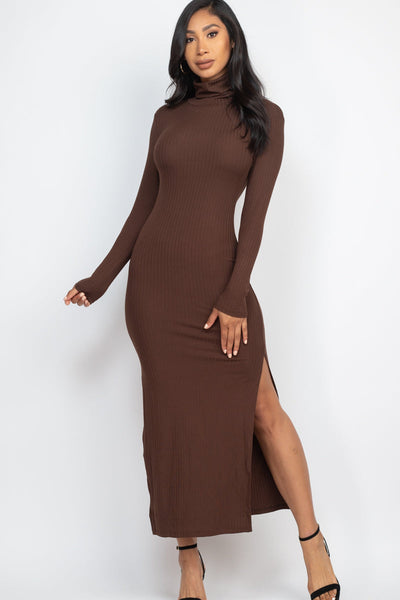 Ribbed Turtle Neck Side Slit Maxi Dress (CAPELLA) - 1Caribbeanmall