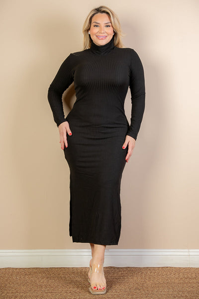 Plus Size Ribbed Turtleneck Side Slit Maxi Dress - 1Caribbeanmall