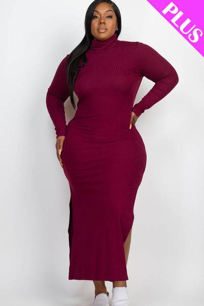 Plus Size Ribbed Turtleneck Side Slit Maxi Dress - 1Caribbeanmall