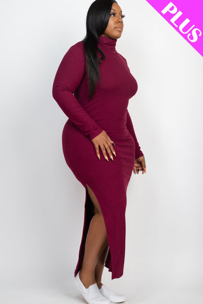 Plus Size Ribbed Turtleneck Side Slit Maxi Dress - 1Caribbeanmall