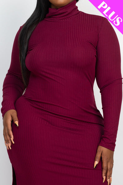 Plus Size Ribbed Turtleneck Side Slit Maxi Dress - 1Caribbeanmall