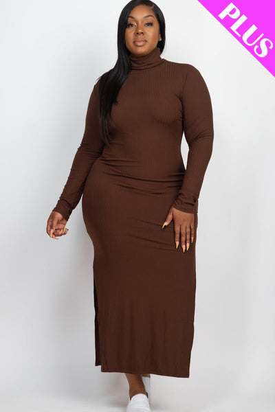 Plus Size Ribbed Turtleneck Side Slit Maxi Dress - 1Caribbeanmall