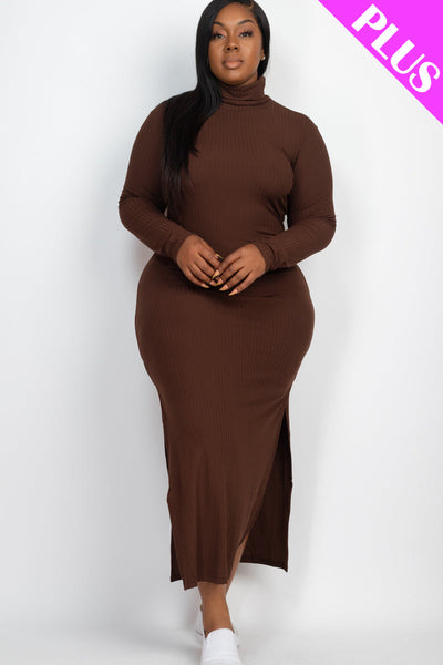 Plus Size Ribbed Turtleneck Side Slit Maxi Dress - 1Caribbeanmall