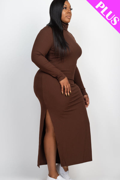 Plus Size Ribbed Turtleneck Side Slit Maxi Dress - 1Caribbeanmall