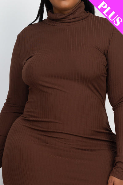 Plus Size Ribbed Turtleneck Side Slit Maxi Dress - 1Caribbeanmall