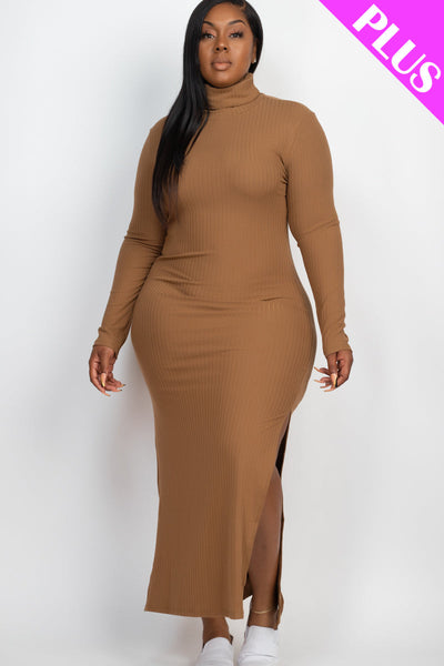 Plus Size Ribbed Turtleneck Side Slit Maxi Dress - 1Caribbeanmall