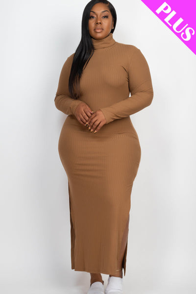 Plus Size Ribbed Turtleneck Side Slit Maxi Dress - 1Caribbeanmall