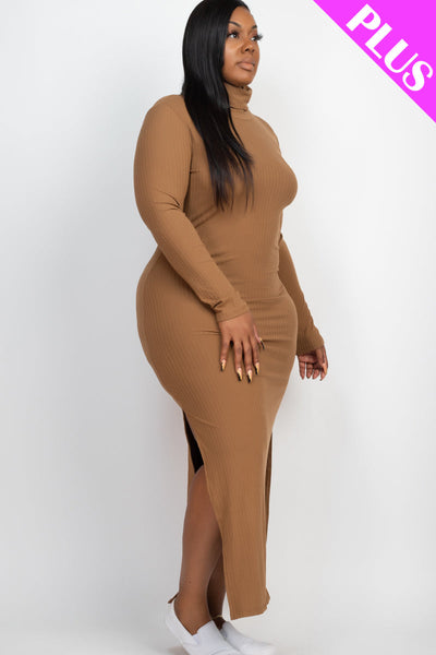 Plus Size Ribbed Turtleneck Side Slit Maxi Dress - 1Caribbeanmall