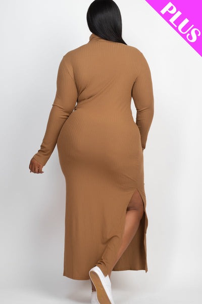 Plus Size Ribbed Turtleneck Side Slit Maxi Dress - 1Caribbeanmall