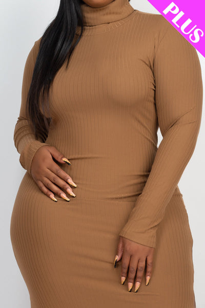 Plus Size Ribbed Turtleneck Side Slit Maxi Dress - 1Caribbeanmall