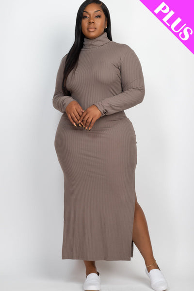 Plus Size Ribbed Turtleneck Side Slit Maxi Dress - 1Caribbeanmall