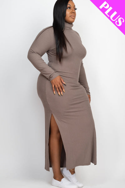 Plus Size Ribbed Turtleneck Side Slit Maxi Dress - 1Caribbeanmall