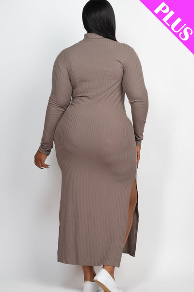 Plus Size Ribbed Turtleneck Side Slit Maxi Dress - 1Caribbeanmall