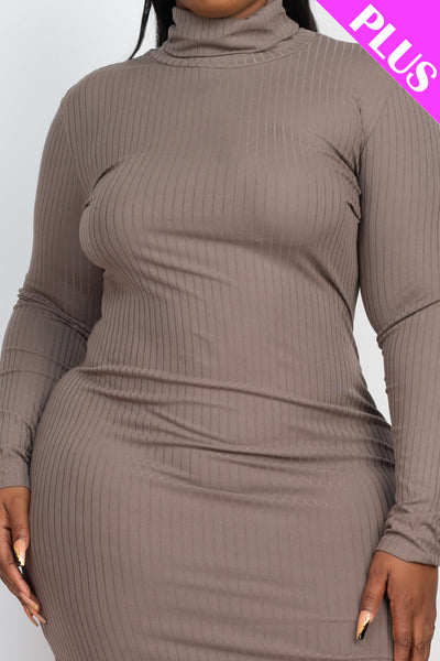 Plus Size Ribbed Turtleneck Side Slit Maxi Dress - 1Caribbeanmall