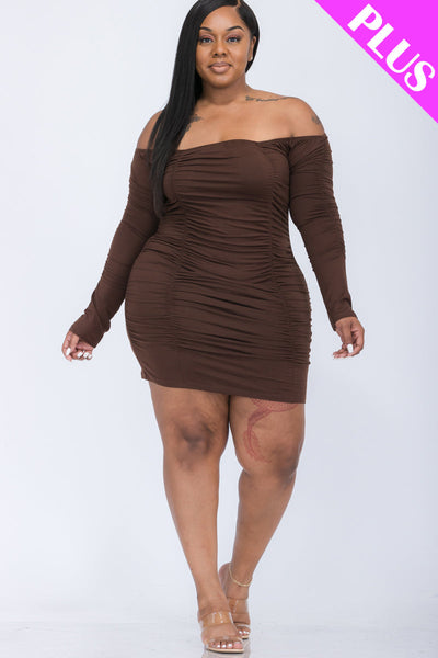Plus Size Off Shoulder Ruched Long Sleeve Dress (CAPELLA) - 1Caribbeanmall