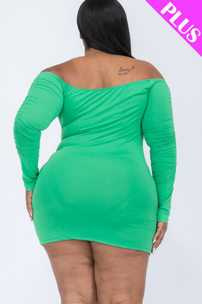 Plus Size Off Shoulder Ruched Long Sleeve Dress (CAPELLA) - 1Caribbeanmall