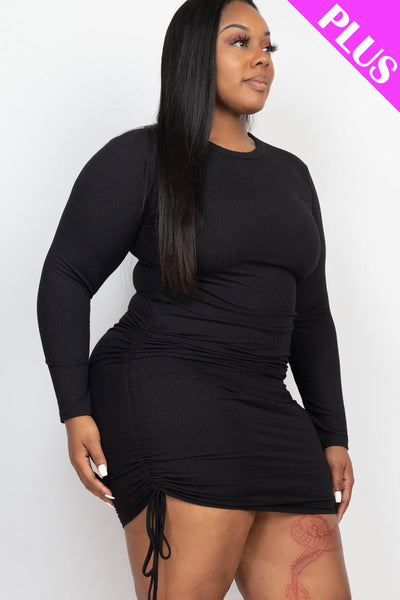 Plus Size Ribbed Long Sleeve Drawstring Bodycon Dress (collective) - 1Caribbeanmall