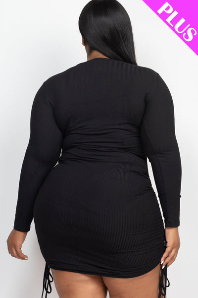 Plus Size Ribbed Long Sleeve Drawstring Bodycon Dress (collective) - 1Caribbeanmall