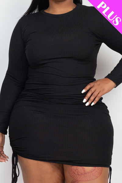 Plus Size Ribbed Long Sleeve Drawstring Bodycon Dress (collective) - 1Caribbeanmall