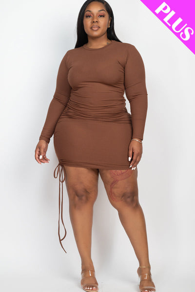 Plus Size Ribbed Long Sleeve Drawstring Bodycon Dress (collective) - 1Caribbeanmall