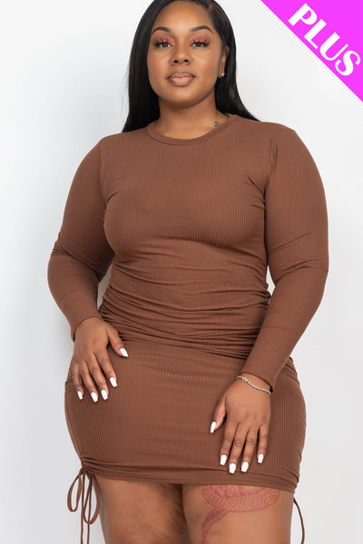 Plus Size Ribbed Long Sleeve Drawstring Bodycon Dress (collective) - 1Caribbeanmall