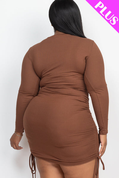 Plus Size Ribbed Long Sleeve Drawstring Bodycon Dress (collective) - 1Caribbeanmall