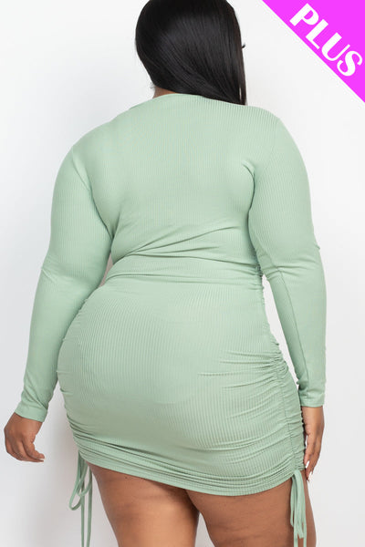 Plus Size Ribbed Long Sleeve Drawstring Bodycon Dress (collective) - 1Caribbeanmall