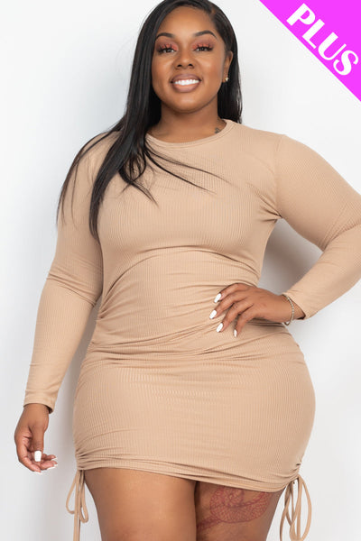 Plus Size Ribbed Long Sleeve Drawstring Bodycon Dress (collective) - 1Caribbeanmall