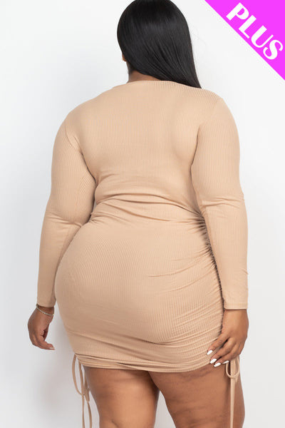 Plus Size Ribbed Long Sleeve Drawstring Bodycon Dress (collective) - 1Caribbeanmall