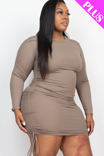 Plus Size Ribbed Long Sleeve Drawstring Bodycon Dress (collective) - 1Caribbeanmall