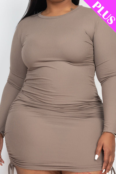 Plus Size Ribbed Long Sleeve Drawstring Bodycon Dress (collective) - 1Caribbeanmall