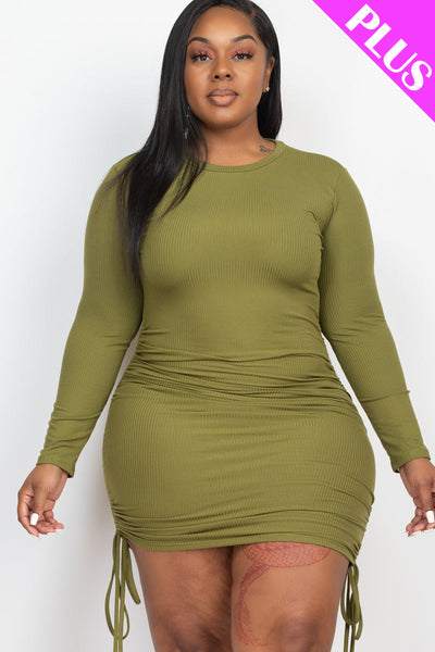 Plus Size Ribbed Long Sleeve Drawstring Bodycon Dress (collective) - 1Caribbeanmall