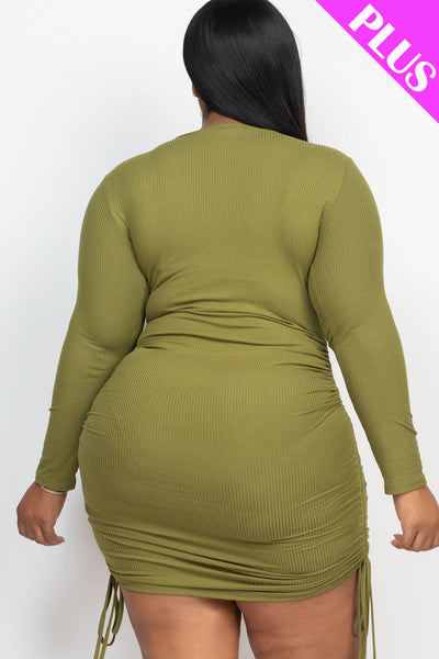 Plus Size Ribbed Long Sleeve Drawstring Bodycon Dress (collective) - 1Caribbeanmall