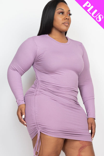 Plus Size Ribbed Long Sleeve Drawstring Bodycon Dress (collective) - 1Caribbeanmall