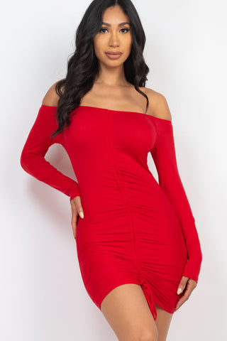 Off Shoulder Ruched Drawstring Bodycon Dress (collective) - 1Caribbeanmall