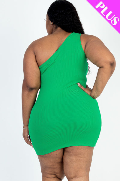 Plus Size Ribbed One Shoulder Cutout Front Casual Mini Bodycon Dress (collective) - 1Caribbeanmall