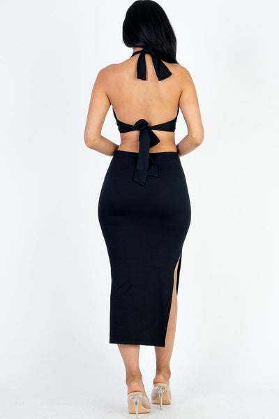 Cut-out Halter Neck Double Back Tie Split Thigh Midi Dress