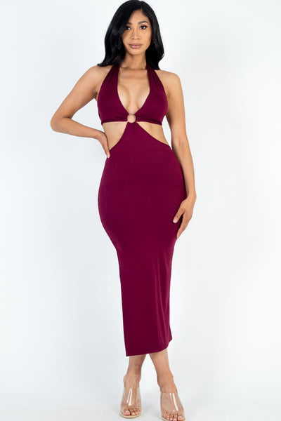 Cut-out Halter Neck Double Back Tie Split Thigh Midi Dress