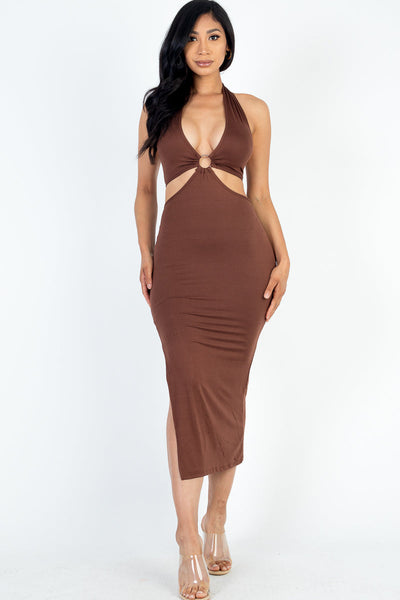 Cut-out Halter Neck Double Back Tie Split Thigh Midi Dress