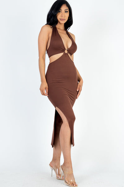 Cut-out Halter Neck Double Back Tie Split Thigh Midi Dress