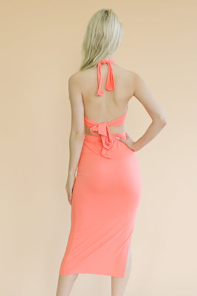 Cut-out Halter Neck Double Back Tie Split Thigh Midi Dress