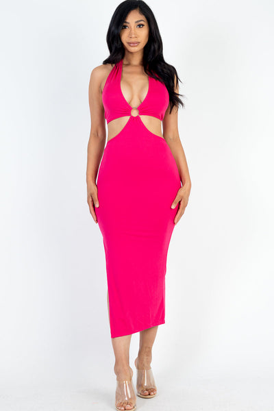 Cut-out Halter Neck Double Back Tie Split Thigh Midi Dress