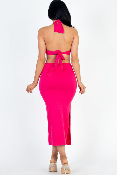 Cut-out Halter Neck Double Back Tie Split Thigh Midi Dress