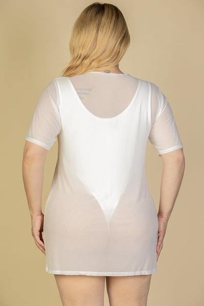 Plus Size Sexy Sheer Mesh T-Shirt Short Sleeve Dress - 1Caribbeanmall