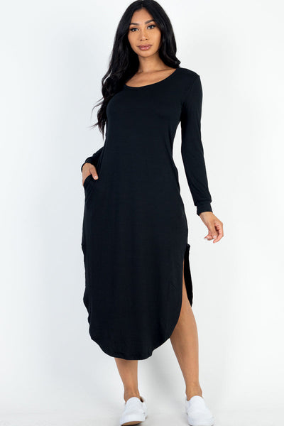 Long Sleeve Curved Hem Midi Dress - 1Caribbeanmall